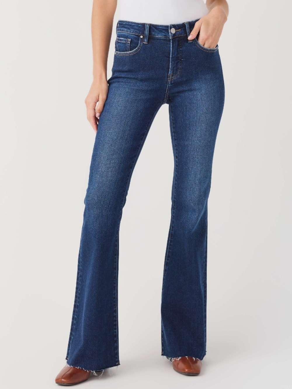 Risen Chloe High Rise Fray Hem Flare Jeans Dark Wash Size 25 New NWT